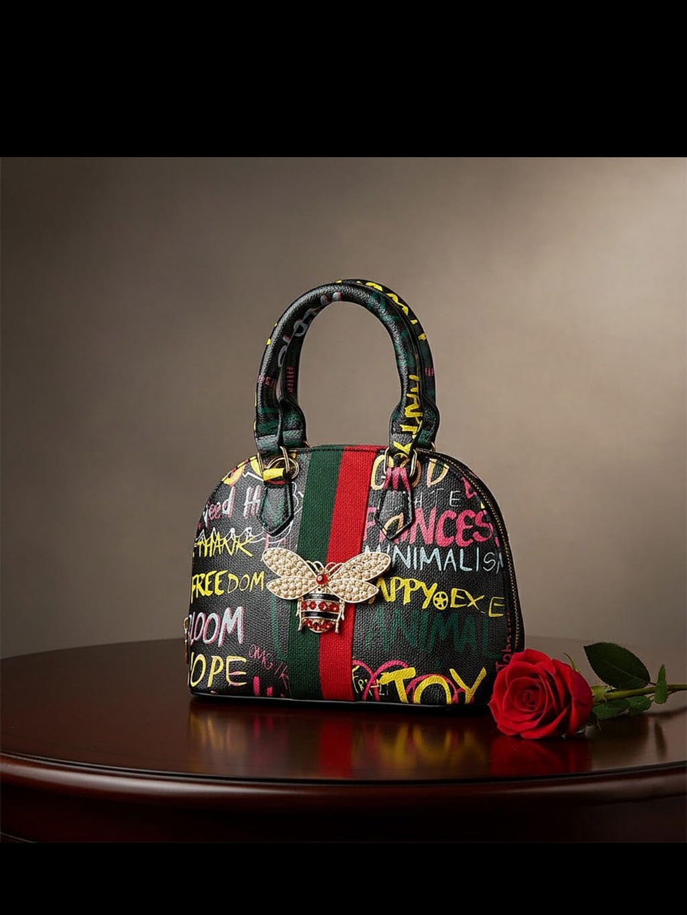 Alba Black Multicolor Graffiti Satchel with Red and Green Stripe